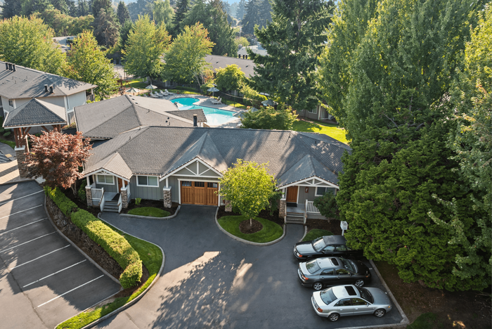 Charming residential community with lush trees and inviting pool, offering a serene suburban lifestyle.