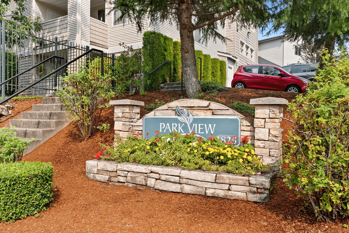 Charming Park View entrance with well-manicured landscaping and inviting pathways.