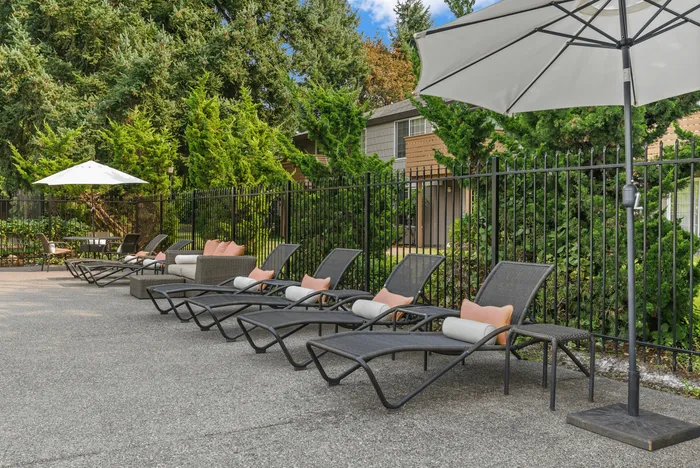 Elegant outdoor patio with stylish lounge chairs and large umbrellas, nestled among lush greenery for a serene retreat.