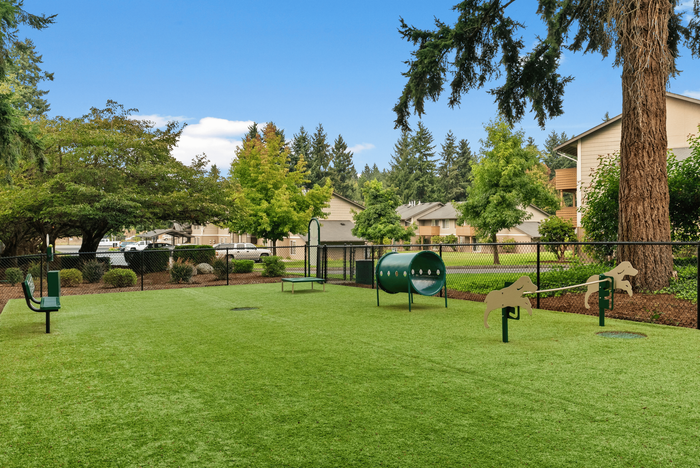 Inviting outdoor dog park with agility equipment and lush greenery, perfect for pet-friendly living.
