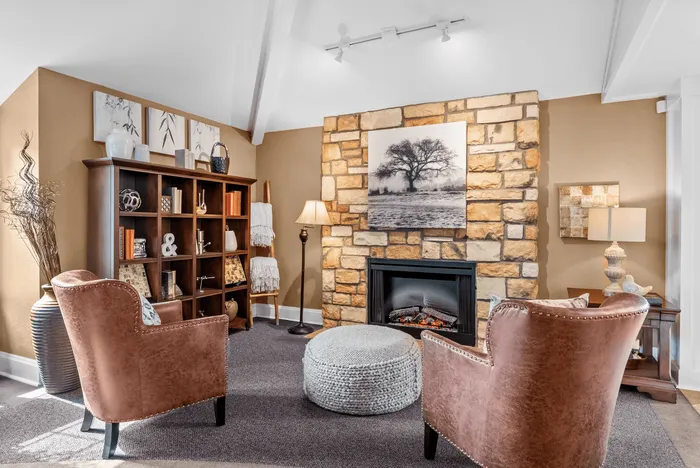 Charming living room with cozy stone fireplace, elegant armchairs, and a stylish bookshelf, offering warmth and comfort.