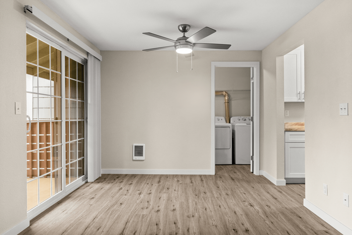 Bright modern apartment featuring a ceiling fan, sliding glass doors leading to a balcony, and convenient in-unit laundry area.