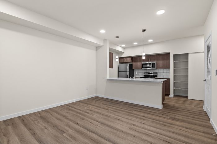 Modern open-concept apartment with elegant wooden flooring, stylish kitchen with stainless steel appliances, and ample pantry storage.