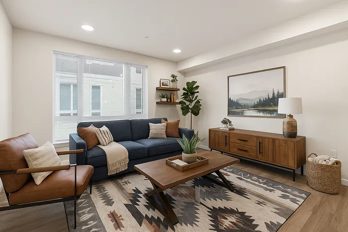 Modern living room with stylish decor, featuring a comfortable blue sofa, elegant wooden coffee table, and large windows for natural light.