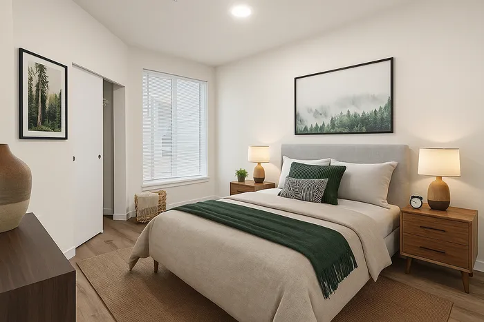 Inviting bedroom with cozy bedding, stylish wooden furniture, and serene forest artwork creating a calm atmosphere.