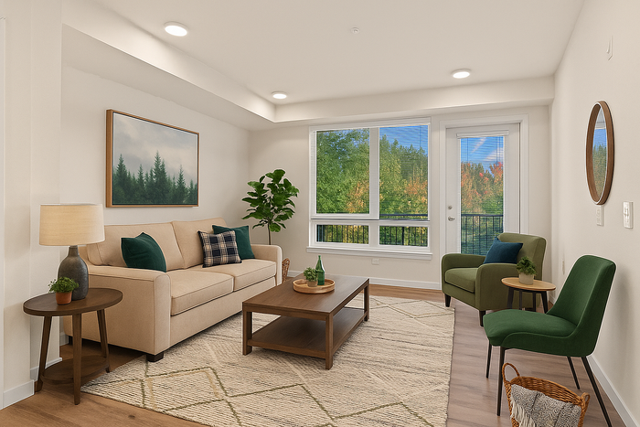Inviting living room with stylish sofa, chic decor, and large window showcasing natural light and scenic views.