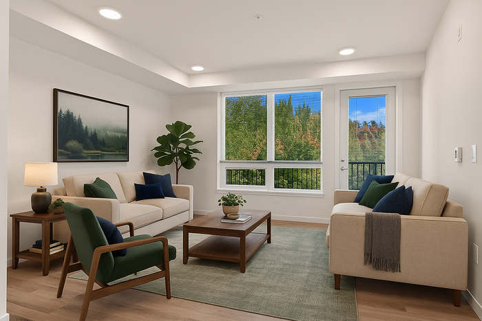 Elegant living room with large windows offering a serene view of lush greenery, featuring comfortable sofas, modern decor, and natural light.