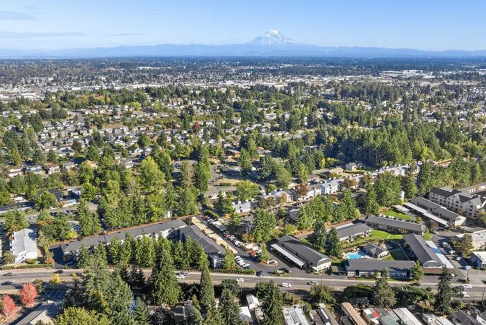 Aerial view of Trellis on Orchard Apartments surrounded by a lush residential neighborhood with Mount Rainier visible in the distance.