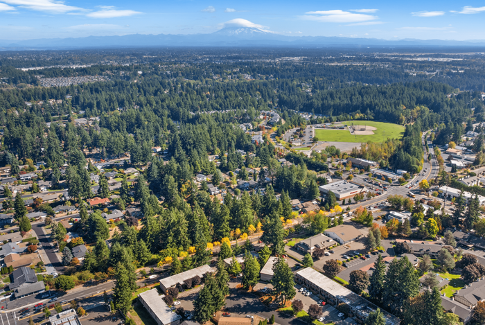 Breathtaking aerial view of a lush, tree-filled neighborhood with a backdrop of majestic mountains and a vibrant community, perfect for serene living.