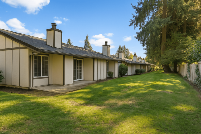 Charming row of single-story homes with large windows, nestled in a lush green landscape under a vibrant blue sky.