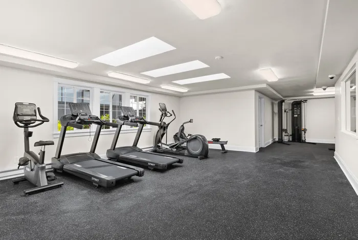 Bright, modern fitness center with state-of-the-art equipment, including treadmills, exercise bike, rowing machine, and multi-gym machine.