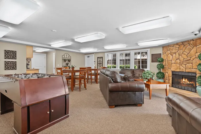 Inviting apartment lounge with plush leather sofas, cozy stone fireplace, and vibrant decor, perfect for relaxation and social gatherings.