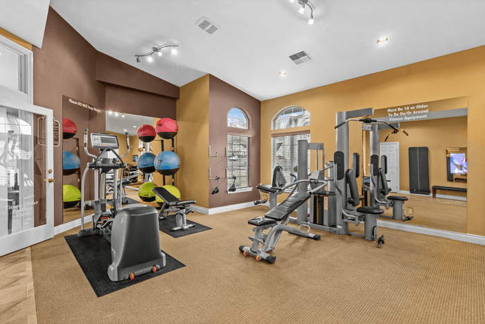 Modern fitness center featuring state-of-the-art exercise equipment, bright wall tones, and ample natural light through large windows.