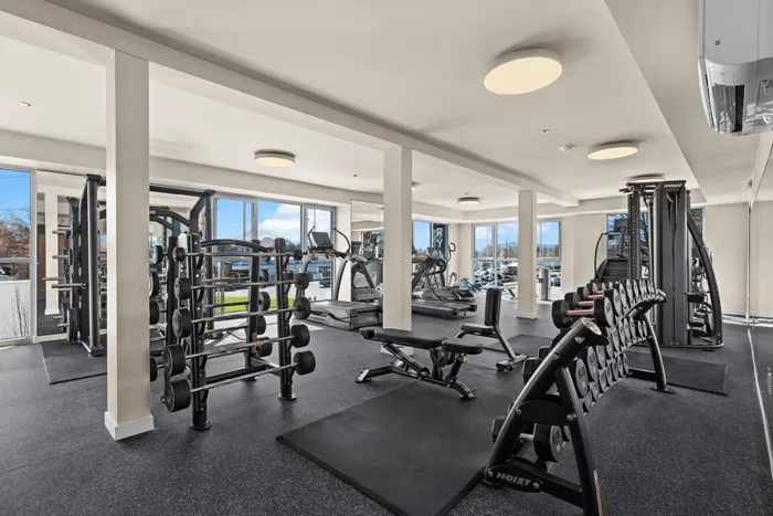 Modern gym with state-of-the-art fitness equipment, bright windows, and sleek design for an energizing workout experience.