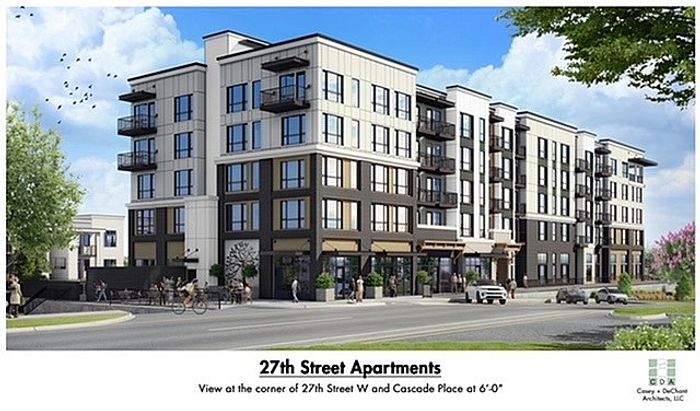 Modern 27th Street Apartments exterior showcasing sleek architecture and spacious balconies at the vibrant urban corner of 27th Street W and Cascade Place.