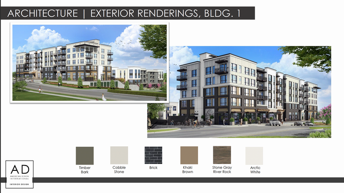 Modern architectural rendering of an elegant multi-story residential building with contemporary materials like Timber Bark and Cobble Stone accents, showcasing a vibrant community atmosphere with lush landscaping.