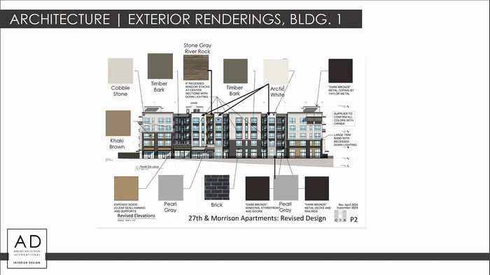 Elegant exterior design rendering of 27th & Morrison Apartments Building 1, showcasing a harmonious color palette with shades like Cobble Stone, Khaki Brown, and Arctic White, accented by Brick and Dark Bronze metal elements.
