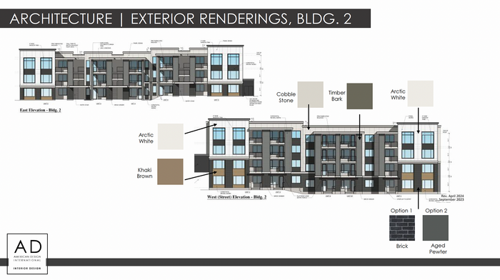 Architectural exterior renderings for Building 2 showcasing modern facade with Arctic White, Timber Bark, and Cobble Stone accents.