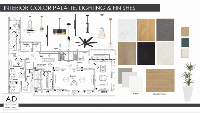 Sophisticated floor plan showcasing versatile layout with exercise area and elegant interior color palette, lighting, and finishes.