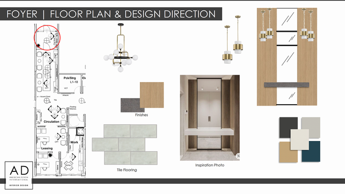 Elegant foyer floor plan with modern design direction showcasing chic chandeliers, wood finishes, tile flooring, and an inspiring entryway photo.
