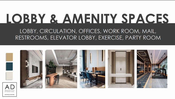Elegant showcase of lobby and amenity spaces featuring a modern lobby, chic offices, workroom, inviting seating area, sleek restrooms, and a stylish exercise room.