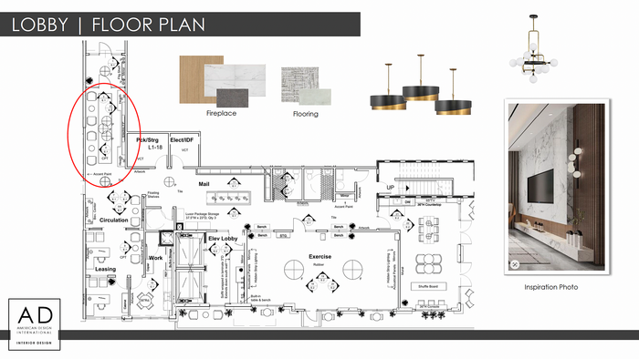 Contemporary lobby floor plan featuring sleek design elements, exercise area, and elegant lounging space. Includes stylish lighting fixtures and modern finishes for an inviting atmosphere.
