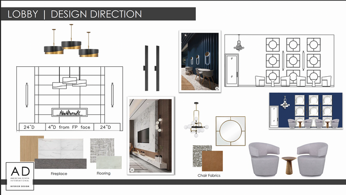 Elegant lobby design direction showcasing modern chandeliers, luxurious fireplace setup, stylish seating with contemporary chair fabrics, and detailed wall accents.