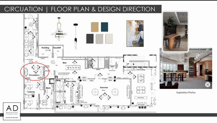 Elegant floor plan with modern design direction featuring a circulation area, exercise room, and expansive windows, complemented by chic lighting and color palettes.