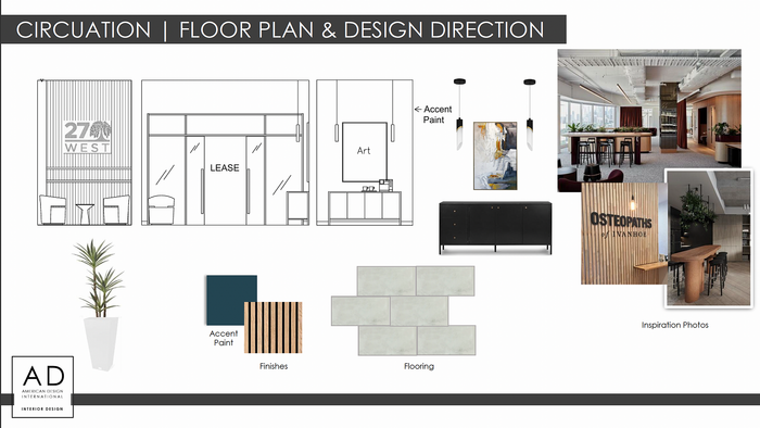 Innovative design direction featuring elegant floor plan with accent paint, stylish finishes, and contemporary flooring. Includes inspiration photos showcasing modern interiors and artistic touches.