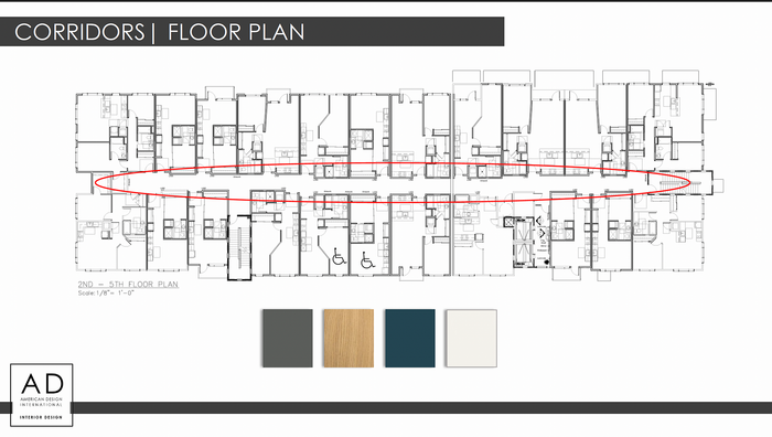Intricate corridor floor plan for 2nd-5th floors, showcasing a sleek hallway layout with diverse unit configurations.