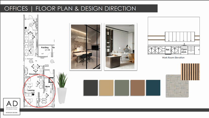 Modern office floor plan and design direction featuring refined workspaces with a spacious leasing area. Elegant color palette displayed alongside stylish workroom elevation and interior design inspirations.