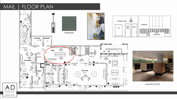 Sophisticated floor plan highlighting a modern mailroom, stylish lobby, and exercise area with luxurious design elements.