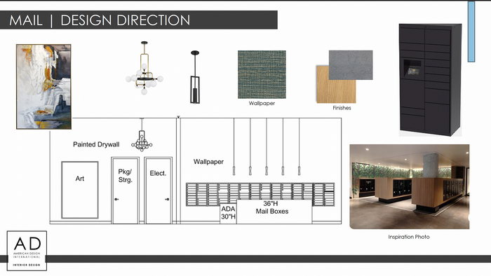 Chic mailroom design concept featuring modern lighting, sophisticated finishes, and stylish art, with a focus on functionality and aesthetic appeal.