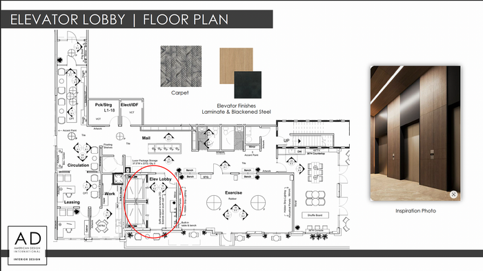 Modern elevator lobby floor plan featuring sleek laminate and blackened steel finishes with a spacious entrance. Includes adjacent exercise area and elegant lounge for a luxurious experience.