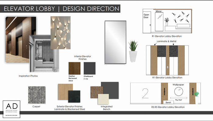 Modern elevator lobby design with wood and metal finishes, featuring sleek inspiration photos, integrated bench, and stylish laminate and chalkboard accents.