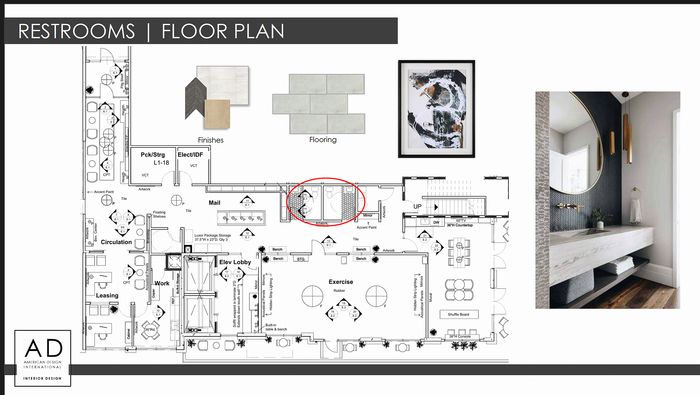 Elegant floor plan highlighting restroom areas with contemporary finishes, artistic decor, and sleek vanity design.