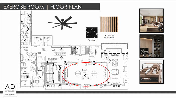 Modern exercise room floor plan showcasing spacious layout with state-of-the-art equipment. Includes high ceilings with a stylish fan, acoustical wall panels, and dedicated workout zones for optimized fitness experience.