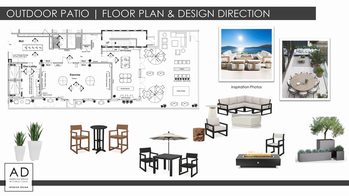 Chic outdoor patio floor plan with stylish seating arrangements, exercise area, and modern design elements, inspired by serene coastal views.