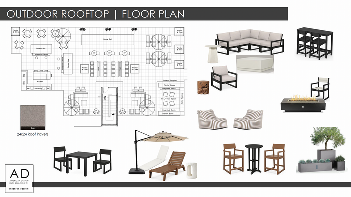 Elegant outdoor rooftop floor plan featuring spacious lounging areas, modern furniture, integrated garden spaces, and stylish pergola for an inviting ambiance.