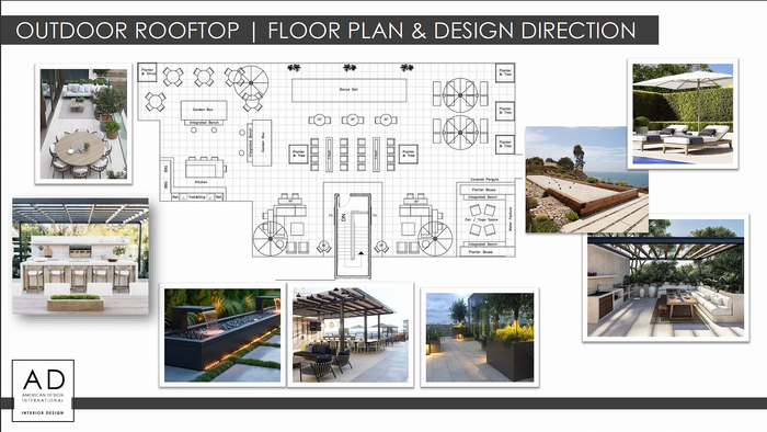 Chic outdoor rooftop floor plan showcasing a stylish design with integrated seating, vibrant planter boxes, and a scenic deck for ultimate relaxation.