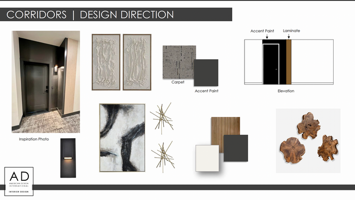Modern corridor design direction featuring sophisticated accent paint and laminate details, textured wall art, elegant lighting, and natural wood decor elements for an upscale ambiance.