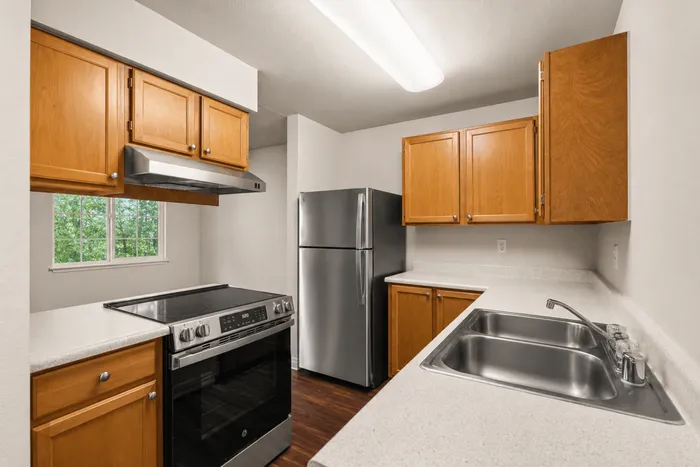Modern kitchen with sleek stainless steel appliances, ample wooden cabinetry, and spacious countertops under bright lighting.