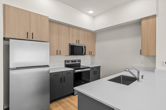 Modern kitchen with sleek stainless steel appliances, elegant wood cabinetry, and a spacious white countertop.