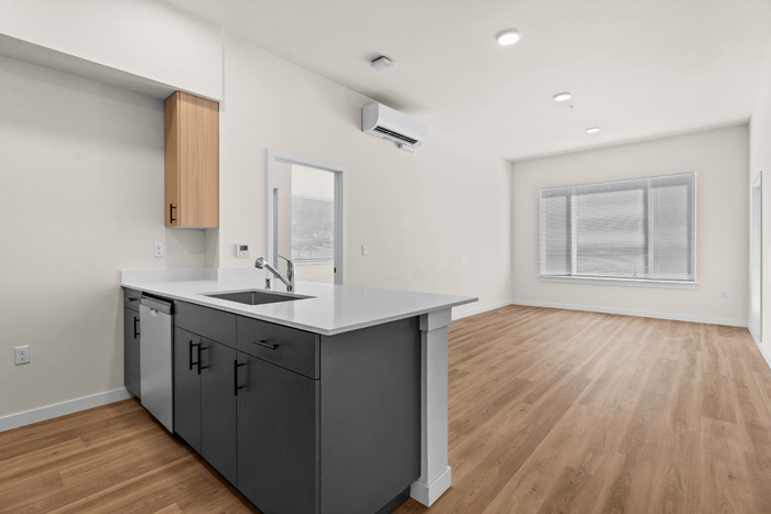 Contemporary open-plan apartment featuring sleek kitchen with modern cabinetry, spacious living area, and large windows for natural light.