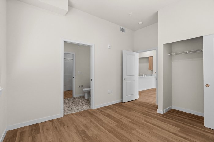 Bright apartment interior featuring an open closet, adjoining bathroom, and a view into the modern kitchen with sleek cabinetry.