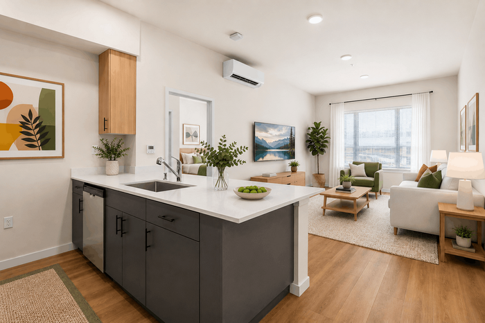 Modern open-concept living space with stylish kitchen, featuring sleek countertops and lush green accents, blending seamlessly with a cozy living room.