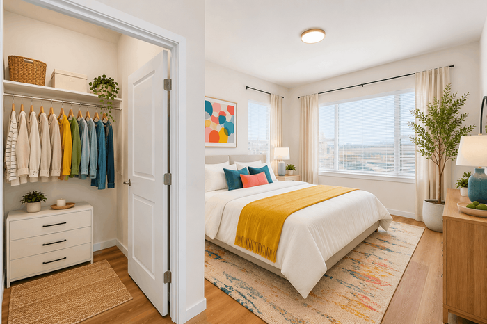Bright and cozy bedroom with a stylish open closet, vibrant decor, and large windows offering abundant natural light.