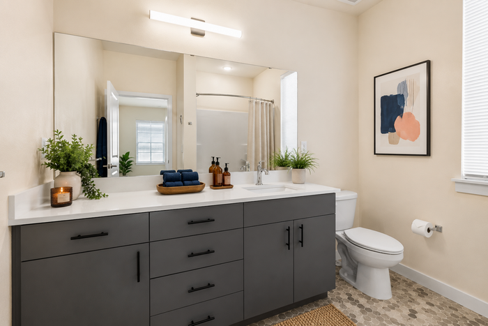 Modern bathroom with sleek dark cabinetry, large mirror, and elegant decor, offering a serene and stylish atmosphere.
