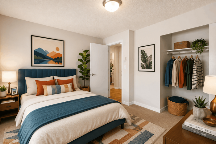 Cozy bedroom with chic decor, featuring a plush bed, vibrant pillows, and stylish wall art. Open closet with neatly arranged clothing and a touch of greenery enhancing the modern aesthetic.