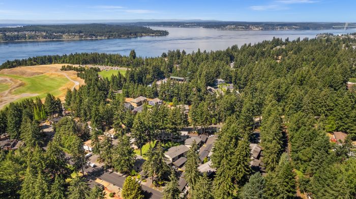 Breathtaking aerial view of a lush forested neighborhood overlooking a serene lake, offering tranquility and natural beauty.